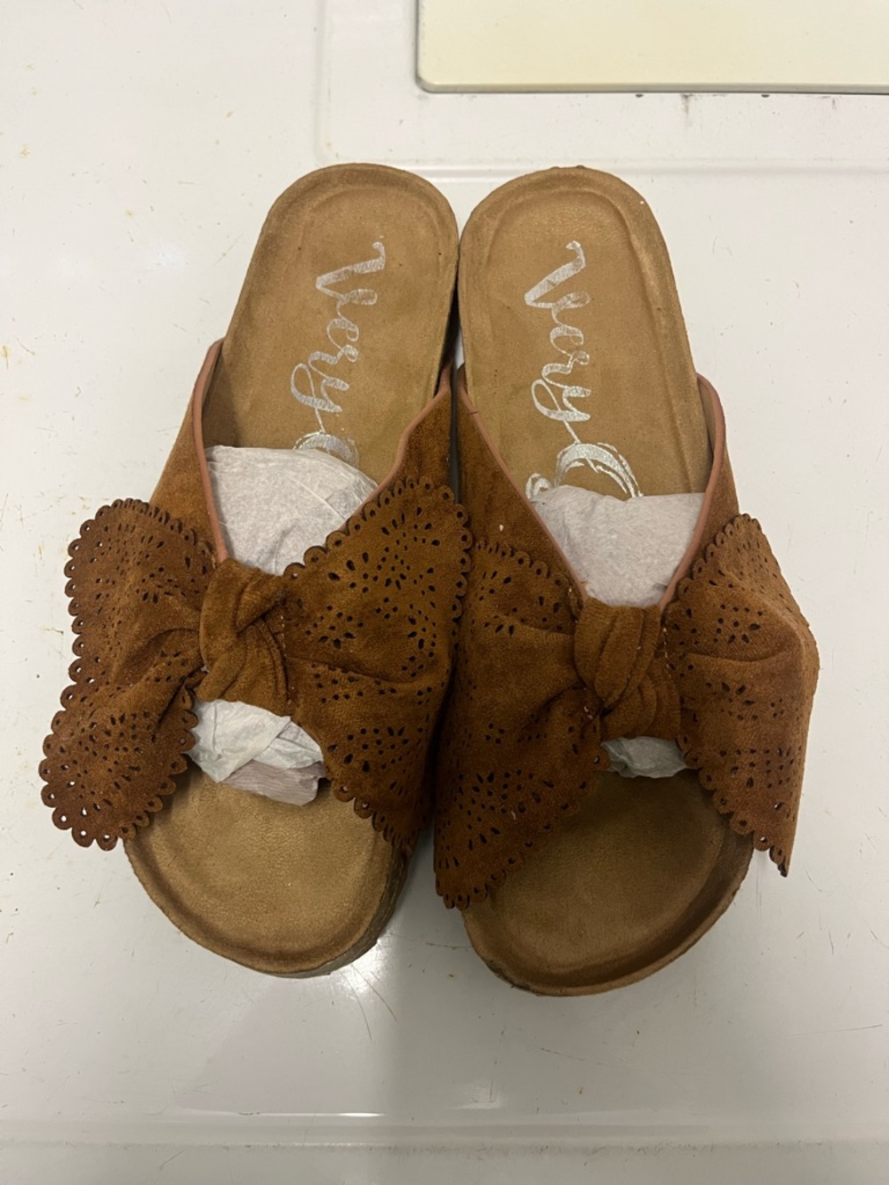 Very G Brown Suede Bow Slide Sandals - Picture 2 of 3